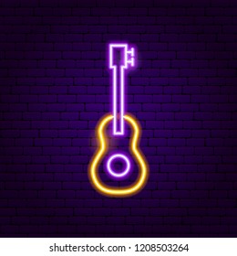 Guitar Neon Sign. Vector Illustration of Music Promotion.