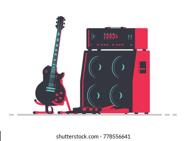 Guitar Next To Tube Amplifier 4x12 Stack And Pedalboard. Musical Instruments Flat Vector Illustration.