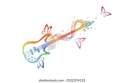 Guitar and notes abstract with butterflies. hand drawing. Not AI. Vector illustration