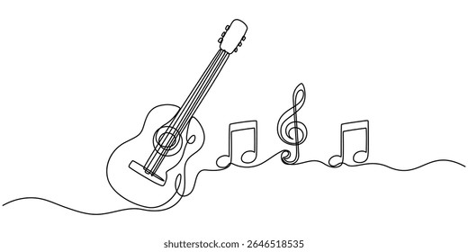 guitar and notes, Abstract guitar as continuous one line drawing on white background. Vector illustration, Continuous line drawing of man playing guitar with music notes isolated on white background.