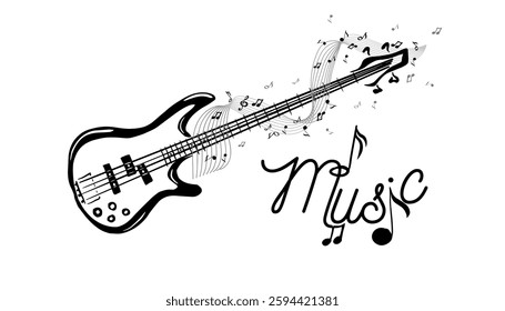 Guitar and notes abstract. hand drawing. Not AI. Vector illustration
