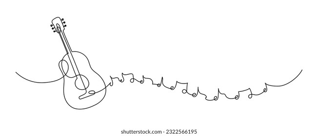 Guitar with notes. Music. Continuous line drawing. Hand drawn doodle. 