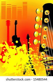 guitar and notes on orange background