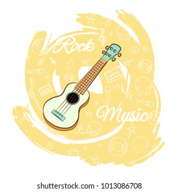 Guitar on an abstract yellow background. Stringed instrument. Linear images of a cassette, a mediator, a vinyl, a star. For the design of music stores, rock music festivals. Vector illustration.