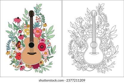 guitarra sobre un fondo de flores hermoso libro de coloración de fondo