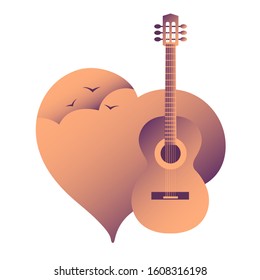 Guitar on a background of a heart with a cloud and birds. Suitable for music logo and design. Vector isolated illustration.