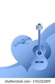 Gitarre auf einem Hintergrund eines Herzens mit einer Wolke und Vögeln. Musikkonzert. Vektorplakat mit Platz für Text. Vektorromantische Illustration.