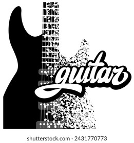 Guitar on a background with notes and an inscription. Vector illustration.
