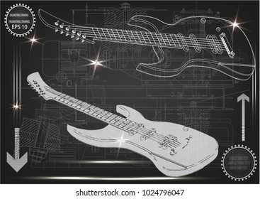 Guitar on a black background. Drawing. 3d model