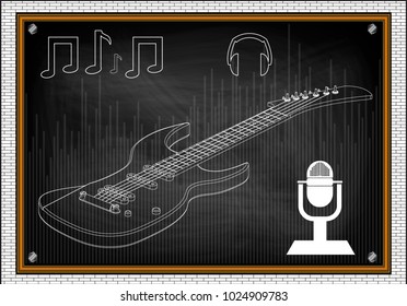 Guitar on a black background. Drawing. 3d model