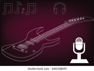 Guitar on a burgundy background. Drawing. 3d model
