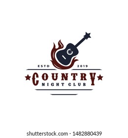 Guitar on fire Country Music Western Vintage Retro Saloon Bar Cowboy logo design vector template on white background