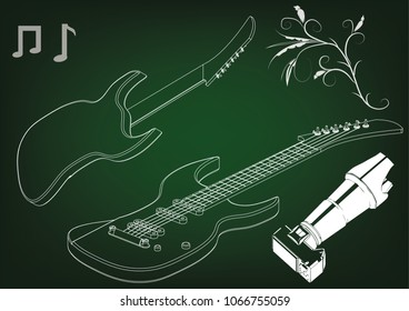Guitar on a green background. Drawing. 3d model. Camera
