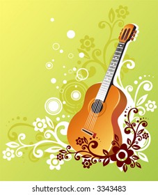 Guitar on a green background with a white and brown vegetative ornament.