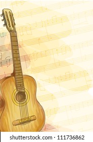 Guitar on music background with notes. Watercolor style. Vector illustration.