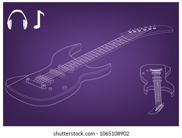 Guitar on a purple background. Drawing. 3d model