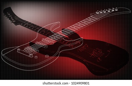 Guitar on a red background. Drawing. 3d model