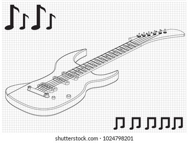 Guitar on a white background. Drawing. 3d model