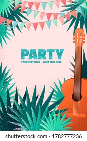 Guitar, palm leaves, party flags vertical template. Retro vector illustration. Design for invitation, poster, card, flyer, banner. Place for your text