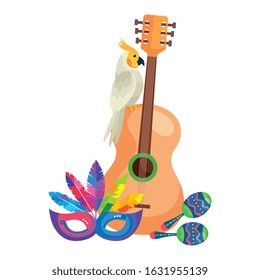 guitar with parrot and icons traditional vector illustration design