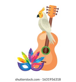 guitar with parrot and mask carnival isolated icon vector illustration design