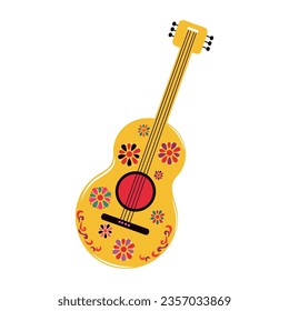 Guitar with patterns in Mexican style. hand drawn. Musical instrument. isolated. String. Cinco