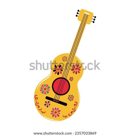 Guitar with patterns in Mexican style. hand drawn. Musical instrument. isolated. String. Cinco