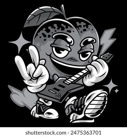 Guitar Peach Retro Cartoon in Black and White Illustration