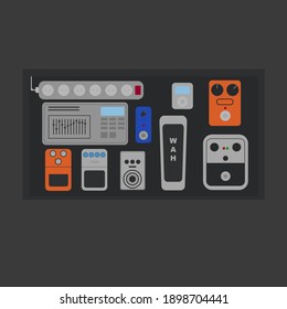 Guitar pedalboard vector illustration. Guitar effects set. 