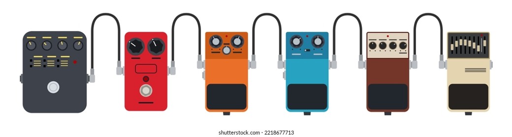 Guitar pedals vector set. Flat design style. Guitar fx equipments, isolated on white background. Multicolor electric guitar stomp box effect set. Vector color illustration.