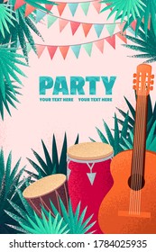 Guitar, percussion and conga drums, palm leaves, party flags vertical template. Retro vector illustration. Design for invitation, poster, card, flyer, banner. Place for your text