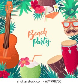 Guitar, percussion and conga drums, pineapple, coconut cocktails with frangipani, hibiscus flowers, palm leaves. Retro vector frame. Place for your text. Invitation, banner, card, poster, flyer