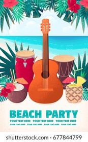 Guitar, percussion and conga drums, pineapple, coconut cocktails with hibiscus flowers, palm leaves. Retro vector illustration. Place for your text. Invitation, banner, card, poster, flyer