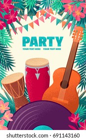 Guitar, percussion and conga drums, vinyl record, flags, palm leaves, frangipani flowers vertical template. Retro vector illustration. Place for your text. Invitation, banner, card, poster, flyer