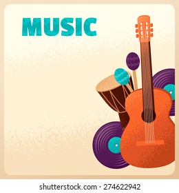 Guitar, percussion drum, maracas and vinyl record. Can be used as poster, card, flyer or invitation. Retro vector illustration. Place for your text