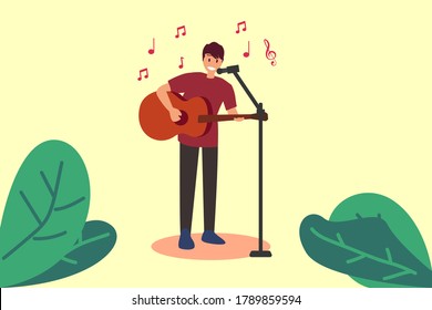 Guitar performance vector concept: man playing acoustic guitar while singing at the stage
