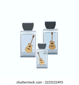 Guitar in perfume bottle, vector illustration for music fans, music lovers. A fragrance with a musical heart note