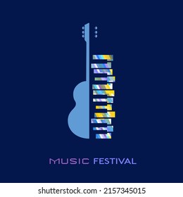 Guitar piano hand drawn flat colorful music vector icon. Classic Guitar piano keyboard silhouette design element. Vintage musical instrument emblem template. Advertising event background illustration