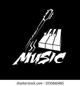 guitar, piano keys and lettering music