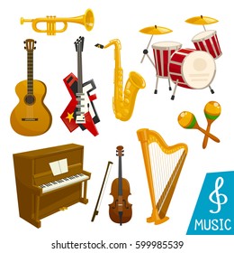 Guitar, piano and saxophone vector isolated musical instrument icons. Set of harp and sax, drum station and cymbals or maracas, fiddle violin and trombone horn or trumpet for orchestra or jazz music