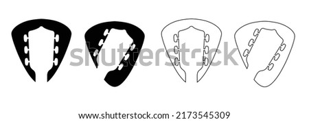 Guitar pick. Cartoon guitars headstock, rock music guitar necks or head silhouette. Vector icon or logo. Musical, acoustic entertainment. Guitar head symbol. Bass Guitar headstock.