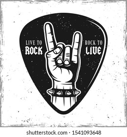 Guitar pick or mediator with heavy metal horns hand gesture. Vector design template isolated on background with removable textures