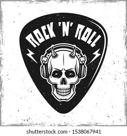 Guitar pick or mediator with horned skull in headphones. Vector design template isolated on background with removable textures