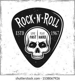 Guitar pick or mediator with skull and text rock n roll. Vector design template isolated on background with removable textures