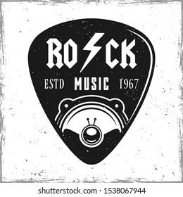 Guitar pick or mediator with speaker and text rock music. Vector design template isolated on background with removable textures