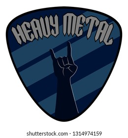 Guitar pick with text and hand symbol. Heavy metal music style. Vector illustration design