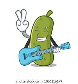 With guitar pickle mascot cartoon style
