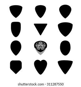 Guitar picks. Custom shapes, different types of musical plectrum silhouette. Big vector set  EPS 8 on white background. String instruments accessories with metal rock illustration of tribal octopus.