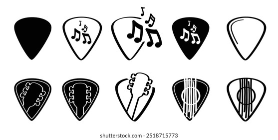 palhetas de guitarra ou plectrum com notas-chave de música. Palheta de guitarra para violão.  Guitarra escolher logotipo plástico, instrumentos musicais, estúdio de gravação, etiqueta. forma de plectro e onda de nota. Notas musicais empalhadas.