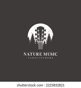 Guitar pine tree forest and moon light night nature music logo design 